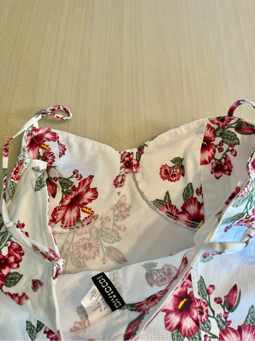 🌺 White Denim Bustier Hibiscus Floral Dress H&M Pink Flowers Large Sweetheart